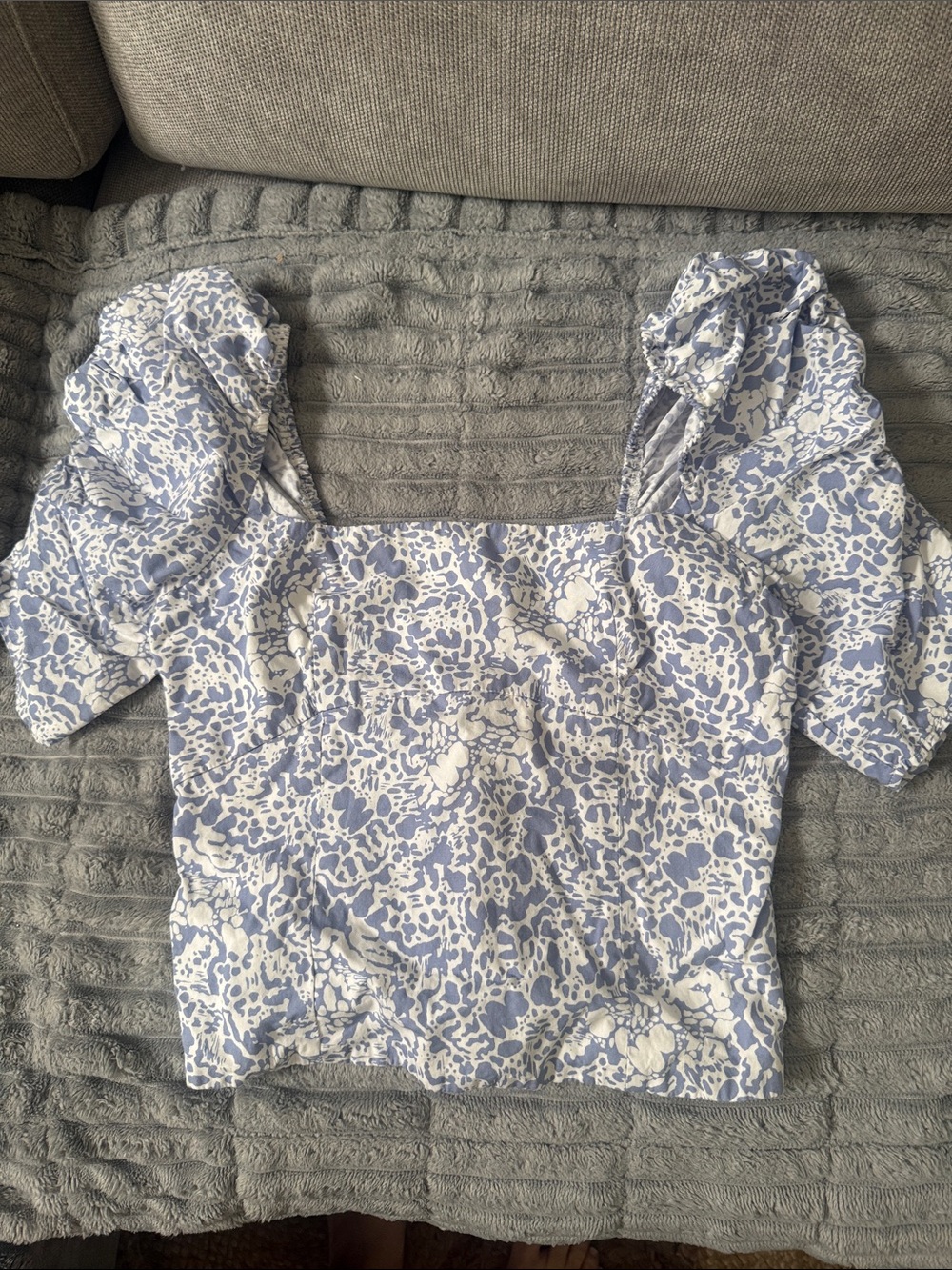 Square Neck Puff Sleeve Floral Crop Top - Blue & White